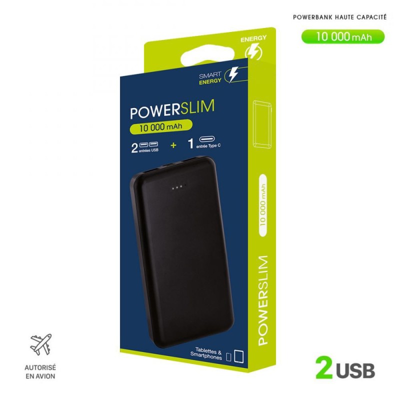 Powerbank powerslim 10000mah con 2 porte usb + micro usb/type-c